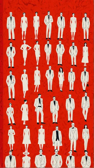 Abstrakte minimalistische Illustration von 35 Schauspielern mit leicht unverhältnismäßigen Köpfen und schlanken Körpern, gekleidet in elegante Kleidung, vor einem strukturierten leuchtend roten Hintergrund.