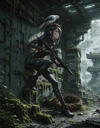 A tactical female soldier in a black bodysuit with military gear and an assault rifle crouches in an abandoned, moss-covered sci-fi structure. A white bird perches on a nest on her head.