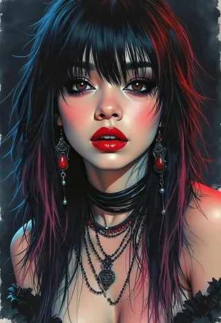 Close-up portrait of a goth woman with messy black hair highlighted in red and blue, heavy makeup with red lips and dark eyeshadow, wearing long earrings and multiple layered necklaces against a dark background.