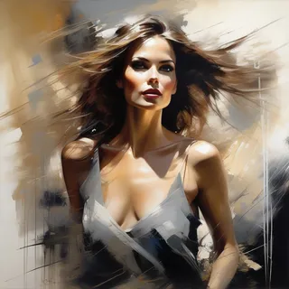 Sunlit artistic painting of a charming woman in motion with flowing hair and expressive gaze, inspired by Viktor Sheleg, Russ Mills, and PINO Daeni styles.