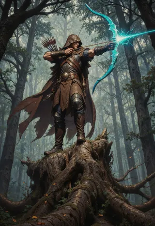 A hooded archer standing on a large tree stump in a dense mystical forest, aiming a glowing blue arrow from an ethereal bow, surrounded by tall trees and mist.