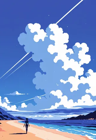 コート・ダジュール海岸上の大きな青空に白い雲と飛行機雲が広がる中、南フランス・カップ・カナイユのビーチを歩く細身の女性のシルエットを示すミニマリストのフラットベクター作品。