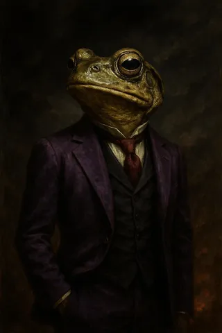 Realistic anthropomorphic frog wearing a purple suit, black vest, white shirt, and red tie standing in a dark, dramatic setting.