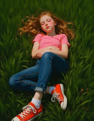 A hyper-realistic oil painting style portrait of a young teen girl lying on lush green grass, wearing a pink tee-shirt, blue jeans, and orange tennis shoes, illuminated with Rembrandt lighting.