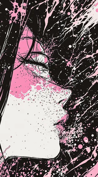 Side facial profile of a woman's face with eyes closed, rendered in comic book style with black, pink, and white colors, featuring splattered chaos patterns.