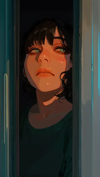 Digital semi-realism portrait of a girl with short dark curly hair, illuminated by warm spotlight in a dark setting, showing detailed facial features and reflective skin highlights.