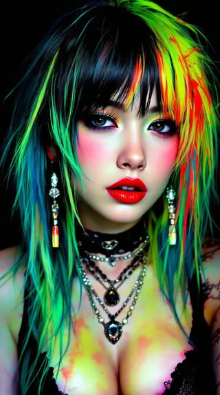 Closeup portrait of a goth woman with messy, neon green, red, and blue hair, heavy makeup, bright red lips, elaborate jewelry, and a dark background.