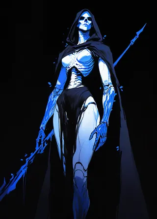 Illustration of a female skeleton warrior with an athletic build, draped in a dark hooded cloak, holding a blue spear against a pitch-black background.