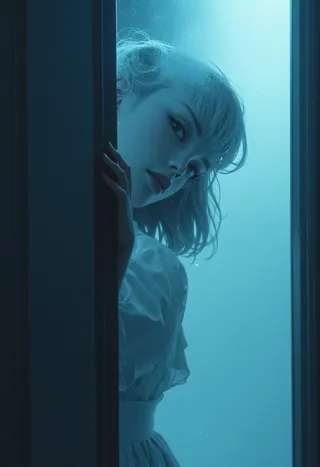 A platinum short-haired woman in a white dress peeks from behind a dark panel against a blue-toned, minimalistic, cinematic background with dramatic lighting.