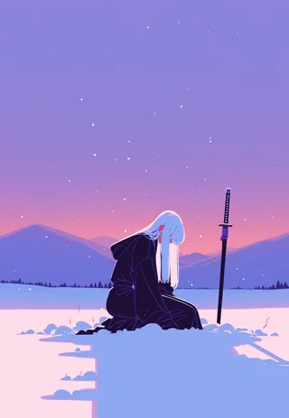 A white-haired girl in dark robes kneeling in snow with snowflakes falling, beside a katana stuck in the ground under a twilight sky with mountains in the background.