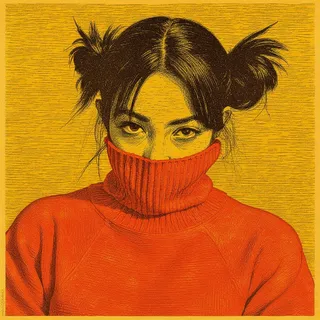 A woodblock-style textured portrait of an East Asian woman wearing a red ribbed turtleneck sweater pulled up to cover her mouth, with dark hair in two small buns against a warm yellow textured background.