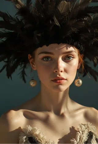 Close-up portrait of a young woman wearing a large black feathered headdress and pearl earrings, with a neutral expression and natural makeup.