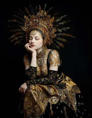A woman with a serene expression wearing an elaborate ornate headdress and black and gold dress with intricate patterns, posed against a dark background.