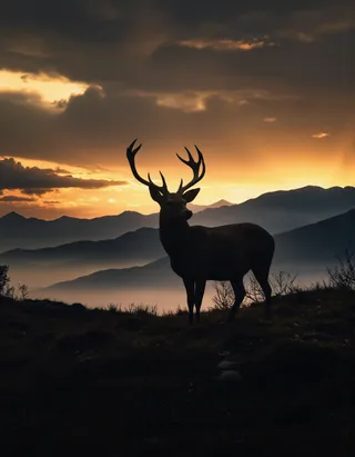 Silhouette of a majestic male deer with large antlers standing on a grassy hill against a backdrop of mountains and a glowing sunset sky.