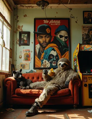 A sloth dressed in streetwear gold reclining on a velvet couch in an abandoned arcade backroom, with a panda and possum bodyguards nearby, old-school rap posters and murals on the walls.