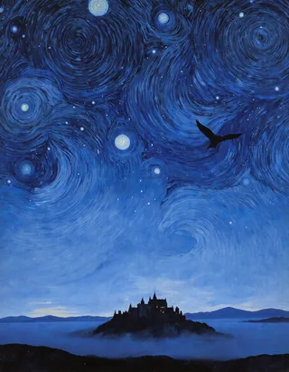 A swirling starry night sky with a silhouetted bird flying above a mysterious castle shrouded in fog on a dark plain.