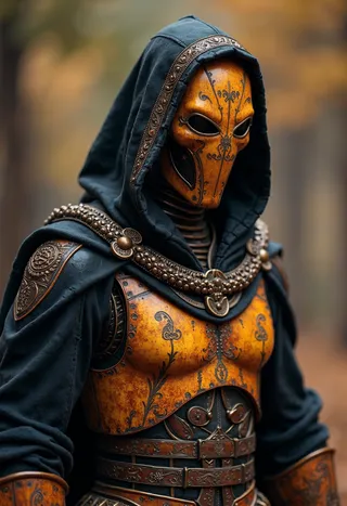 A detailed ancient robot warrior wearing a metallic orange visor mask with intricate black engravings, covered by a black hooded cape and ornate armor.