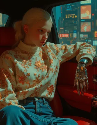 Futuristic android girl with chrome skin sitting inside a luxurious Rolls-Royce Phantom, wearing a floral designer sweater and blue jeans, with a cybernetic arm resting on a plush red leather seat and city lights visible through the window.