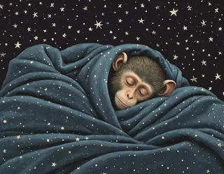 A monkey peacefully sleeping wrapped in a star-speckled blue blanket in a dark room filled with stars, creating a cozy and whimsical atmosphere.