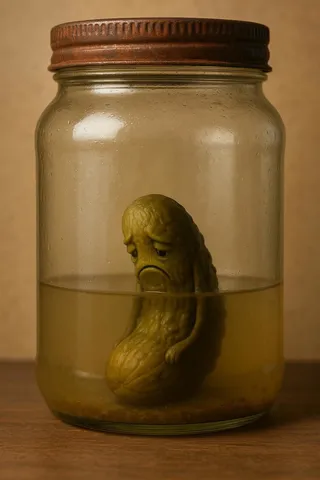 A solitary sad dill pickle with anthropomorphic sad expression sitting at the bottom of a large glass jar filled with cloudy yellow brine and closed with a rusted metal screw-top lid.