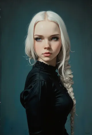 Portrait of an albino young princess with long white hair styled in a braid, wearing a black Victorian dress, against a dark teal background.