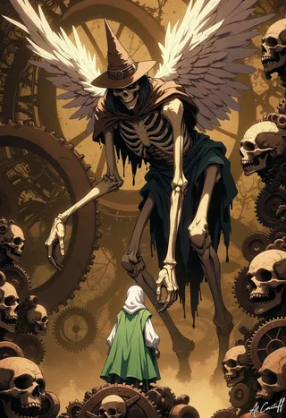 Digital illustration of a large skeletal figure with white angel wings and a pointed hat, reaching toward a smaller robed figure amidst large mechanical gears and carved skulls in a sepia-toned surreal fantasy setting.