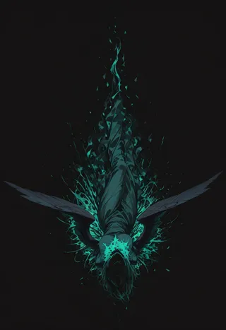 A digital illustration of a fallen angel viewed from above, with black wings spread and surrounded by neon turquoise fractal flames on a black inverted background, featuring flat design and triadic color schemes.
