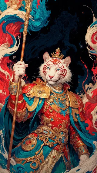 A regal white tiger with red stripes wearing ornate red and blue armor with golden filigree and a crown, holding a golden staff and polearm with swirling magical paint energy around.