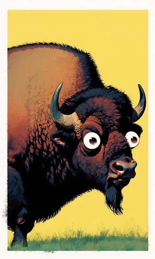 Digital cartoonish style wild bison with exaggerated large eyes, black mane, brown fur, standing on grass with yellow background