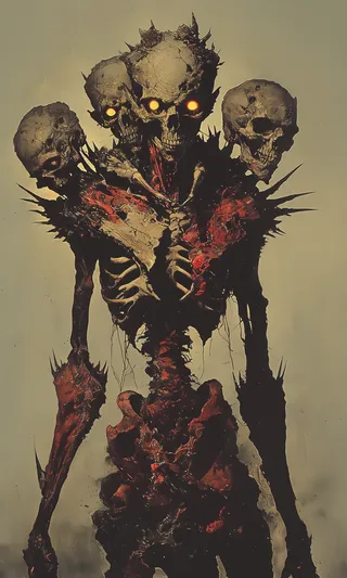 A grotesque skeletal creature with multiple skulls fused on its head and shoulders, glowing yellow eyes, decayed and cracked skin with red and brown hues, set against a muted background with high contrast dramatic lighting.