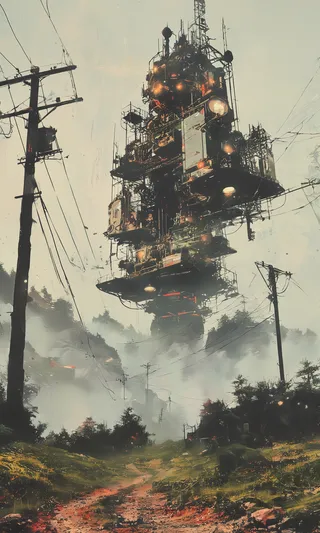 A massive mechanical steampunk-style structure hovering above a foggy landscape with power lines and a dirt path below.