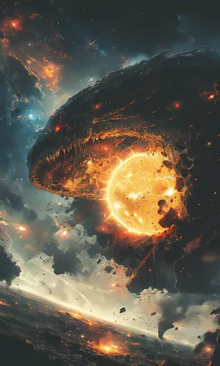 A massive leviathan is depicted devouring a glowing, crumbling molten sun amidst a dark, fiery cosmic battlefield filled with shadows and debris.