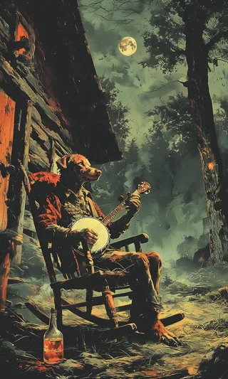 A dog-headed humanoid in red ragged clothes sitting on a wooden rocking chair playing a banjo outside an old shack under a full moon in a swampy forest with a bottle of moonshine nearby.