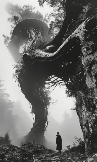 Black-and-white image of a misty eerie forest featuring a large twisted tree with tentacle-like branches and a solitary figure in a long coat gazing upward.