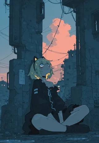 A girl wearing a cat ear hair band and dark off-shoulder dress sitting cross-legged on a rough urban floor at dusk, looking up with bright blue eyes amid ruins.