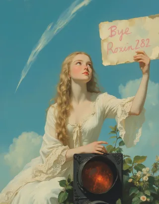 Close-up oil painting of a Victorian girl with long blond hair and pale skin sitting on a traffic light holding a worn sign with 'Bye Roxin282' written in pink, looking up at a clear blue sky with a contrail.