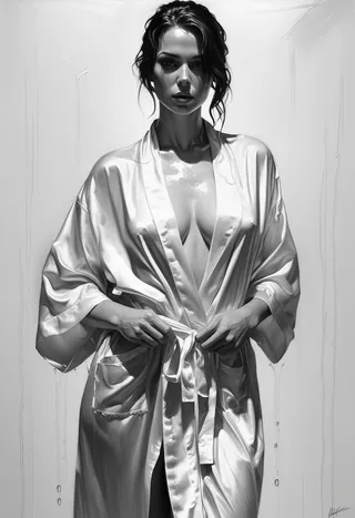A hyper detailed black and white portrait of a woman wearing a wet silk robe against a neutral white background, rendered in an ultra realistic impressionism oil painting style.