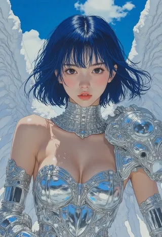 Portrait of a beautiful female warrior with short blue hair wearing shimmering jewels armor, depicted with light play and glass transparency effects under a bright sky.