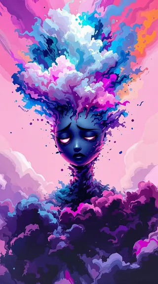 A surrealist emoji head figure with a moody expression dissolving into vibrant clouds of pastel pinks, purples, electric blues, and neon accents in a painterly style.