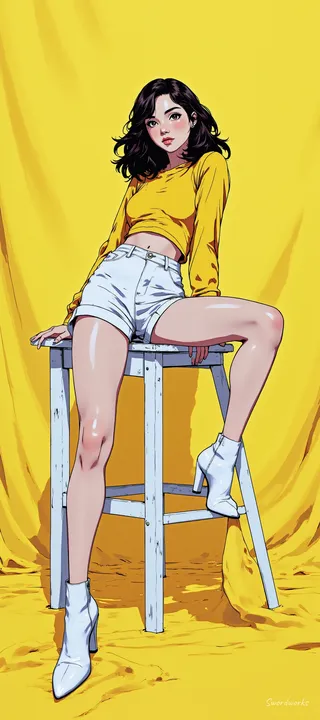 Digital anime illustration of a young woman with wavy dark hair wearing a yellow crop top, white high-waisted shorts, and white ankle boots sitting confidently on a wooden stool against a vibrant yellow background.