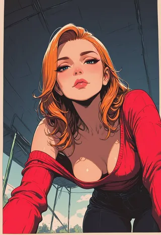 Close-up digital art of a ginger girl with long hair in a red sweater falling off one shoulder, showing cleavage, looking seductively at the viewer with an urban, open-air structure in the background.