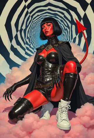 A hyper-realistic digital illustration of a red-skinned demonic woman wearing a fusion of medieval armor and modern urban wear, posed against a black-and-white optical illusion tunnel, kneeling on fluffy pink clouds with a vivid blue sky behind.