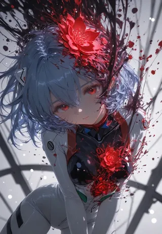 A dynamic anime-style portrayal of Rei Ayanami with blue bob hair and glowing red eyes, adorned with vivid red flowers emerging from her white plugsuit, set against a bright, detailed background.