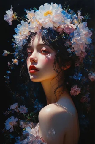A beautiful anime girl with dark hair adorned in a large crown of white and pink flowers, painted in thick acrylic style with chiaroscuro lighting and rococo art influences.