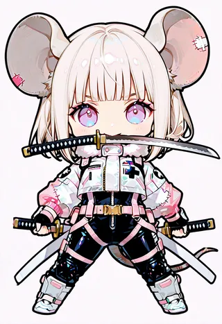Chibi rat girl character with oversized rat ears and pink eyes holding dual katanas, wearing a pink and black combat outfit with zippered jacket and safety harness