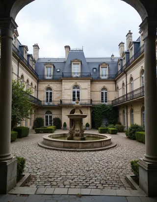 View through archway of a French-style mansion courtyard featuring a central stone fountain, cobblestone paving, mansard roof, and classical architecture.