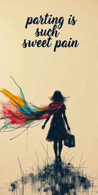 Dramatic sketch of a female silhouette walking away with a colorful flowing scarf and a bag, framed by the calligraphy text 'Parting is such sweet pain'.