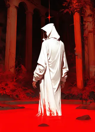 A solitary hooded figure in a flowing white robe stands in a vivid blood-red pool surrounded by classical stone ruins and dark red foliage under a red glowing star.