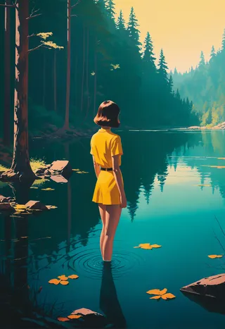 A woman in a yellow dress standing knee-deep in a serene forest lake surrounded by lush pine trees, with golden sunlight softly illuminating the scene.