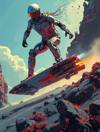 A futuristic surfer in a robotic suit rides a glowing hoverboard with photon engines over a rocky, alien landscape under a bright sky.